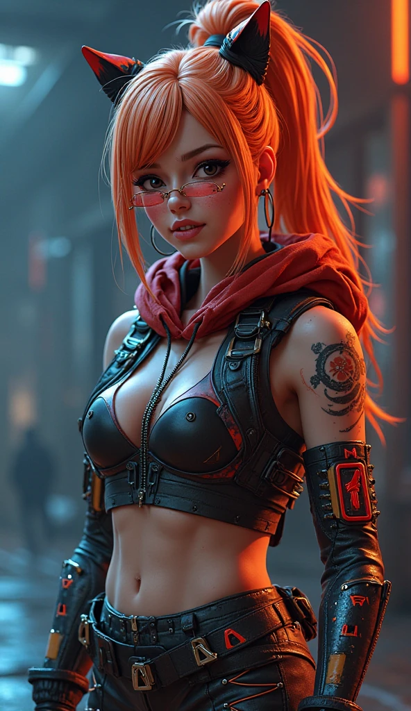 ((Best Quality)), ((Masterpiece)), ((glasses)), militar pants, long hair, mature, perfect eyes:1.2, woman face, big breasts, detailed eyes:1.4, ((freckles)), woman, hightech visor, visor, high tech, hacker, irezumi, tattoo, techwear, headphones, messy hair, multicolored hair, blue hair, black jacket, gradient hair, leather clothes, (High Definition:1.3), 3D, Beautiful (Cyberpunk:1.3), Colored hair, militar, black clothes looking at camera, hacker woman, neo tokyo