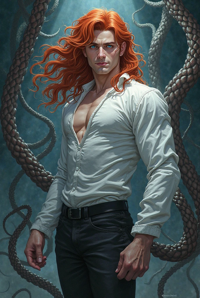 A captivating tarot card titled "The Man," with the number 31 inscribed in a golden arc at the top. The central figure is a mysterious and sexily rendered man, shirtless and with long, flowing red hair that seems to be aflame, yet not burn. His eyes, a piercing blue, glow with an inner fire that matches the intensity of his fiery locks. He stands waist-deep in the serene embrace of a moonlit sea, water rippling around his muscular frame. The man's gaze is focused on something beyond the horizon, hinting at a deep sense of longing or destiny. His skin is kissed by the ethereal light, emphasizing his sculpted physique and the intricate tattoos that adorn his torso. The water around him is not just a simple sea, but a canvas of mythical creatures and hidden worlds, hinting at the depth of his connection with the element he represents. His strong hands are open, palms upward, as if inviting the secrets of the ocean into his embrace. The overall composition is a harmonious blend of power and tranquility, with the man's fiery presence contrasting with the cool, tranquil waters. The background is a blend of midnight blues and purples, with a silver moon casting its glow upon the scene. This image evokes feelings of passion, introspection, and the untamed spirit of the sea.