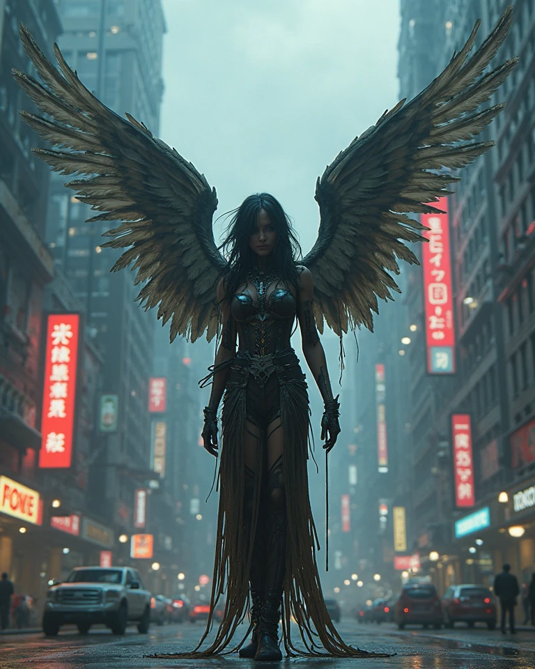 ((best qualtiy)), ((tmasterpiece)), ((Realistis)), (A detailed), (realisticlying:1.5),illusory engine, (High detail: 1.9),(femele:1.4),(big breasts beautiful: 1.4),(carismatic:1.3), (Large breasts), Female angel,Black feathered wings,beuaty girl,beauitful face, looking at viewert, dynamicposes, postapocalyptic, Destroyed city background, scientific fiction, hdr, Ray traching, NVIDIA RTX, Hyper-Resolution, Unreal 5, sub surface scattering, PBR textures, Post-processing, Anisotropic filtering, depth of fields, Maximum clarity and sharpness, trichotomy,8K original,(Luminous Particle:1.4),(VerydetailedCG,Unity 8k壁纸,cinmatic lighting,lens flare glow),Reflectors,Sharp focus,black toga