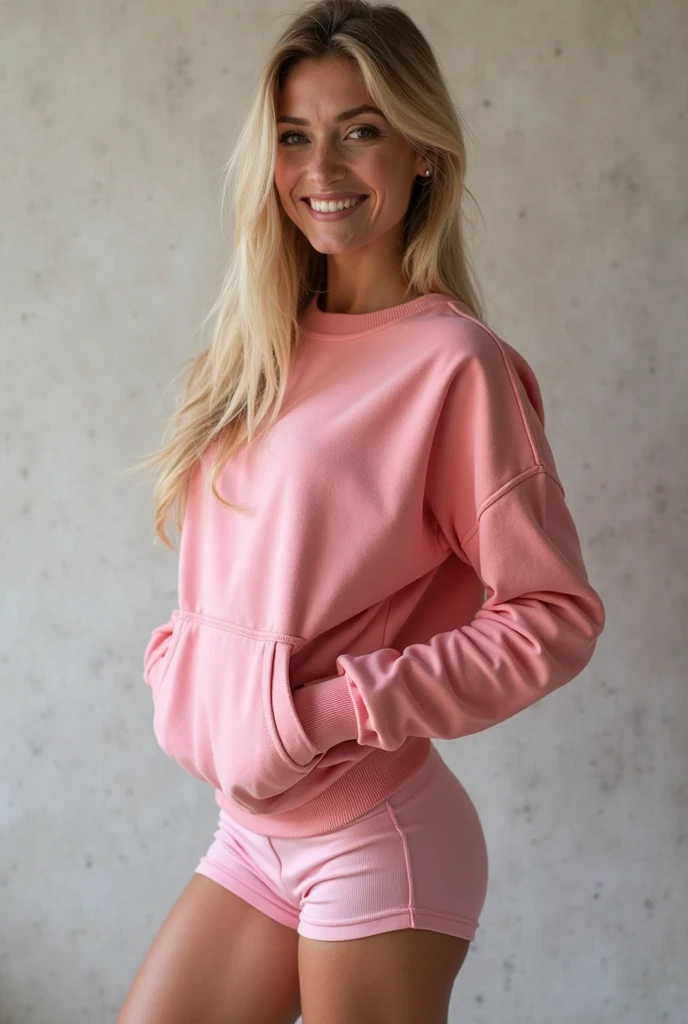 masterpiece, best quality, extremely detailed, hyperrealistic, photorealistic:1.2, a beautiful 20s french model, terrace, in the morning, arms up behind, pink pullover hoodie:1.2, ultra detailed face, high ponytail, blonde hair, pale skin, busty breasts, laughing, eye closed