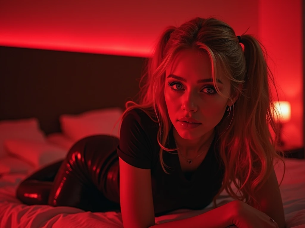 Harley Quinn lays facedown on a bed, laying away from the viewer, her bum is in the air, she looks over her shoulder at viewer seductive look on her face, classic red and black costume. pigtails, open mouth, blue eyes, night time,
red light from a neon sign lights the the room, Large windows, view of Gotham city outside,
