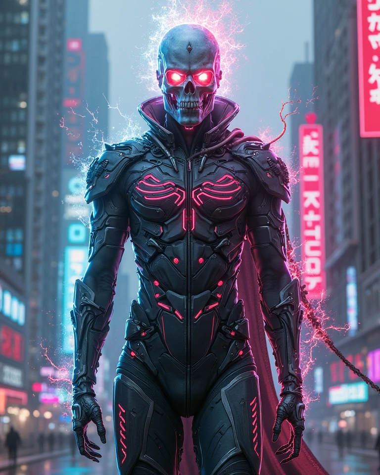 Create a cyberpunk-inspired character with glowing neon pink circuits on your face and body. The character must have a threatening expression, with a futuristic design, high-tech elements integrated into its design. The background must be dark, neon-lit cityscape, highlighting the character&#39;s intense and sinister presence."