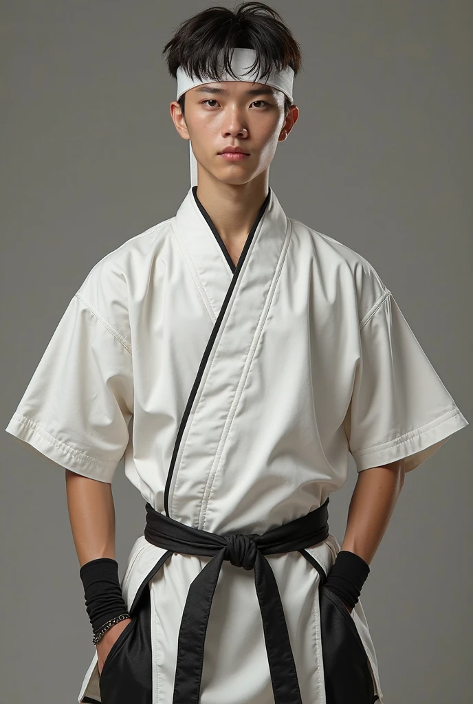 a picture, a handsome, 8k full body portrait of a man, Move ki, disheveled long hair, musculature, Detailed muscular physique, a picture, (masterpiece, top-quality, top-quality, Official art), Stick out your fist, Large and dynamic movements, Photorealistic depiction,20yr old, Toned waist, long limbs, bare-legged, White Karate Uniform, White Hand Belt, White karate pants, Accurate depiction of details, Perfect skeleton, Look straight at your audience, sharp gaze