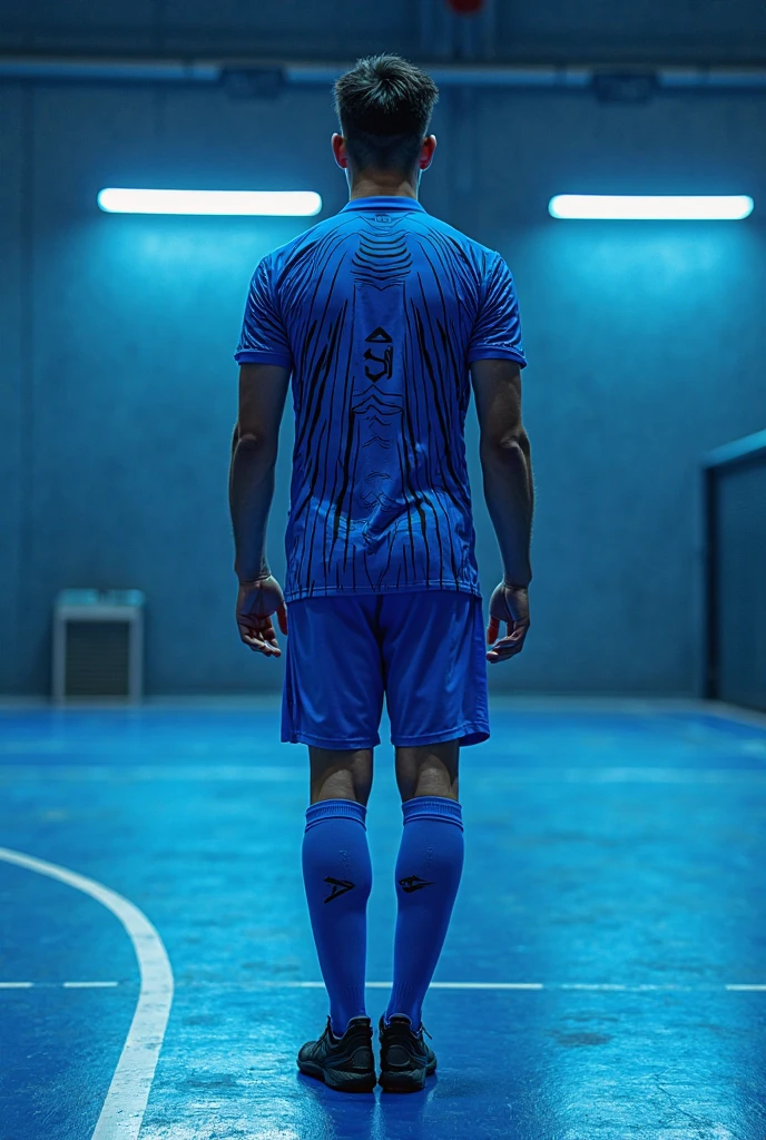 A skinny teenager, brown skin, with black hair and bowl cut. He is wearing a royal blue shirt, with wide horizontal blue stripes also blue. Your shorts are blue, His socks are blue and he wears black futsal boots. He has black goalkeeper gloves. He is on a futsal court with white neon lights. The court floor is gray