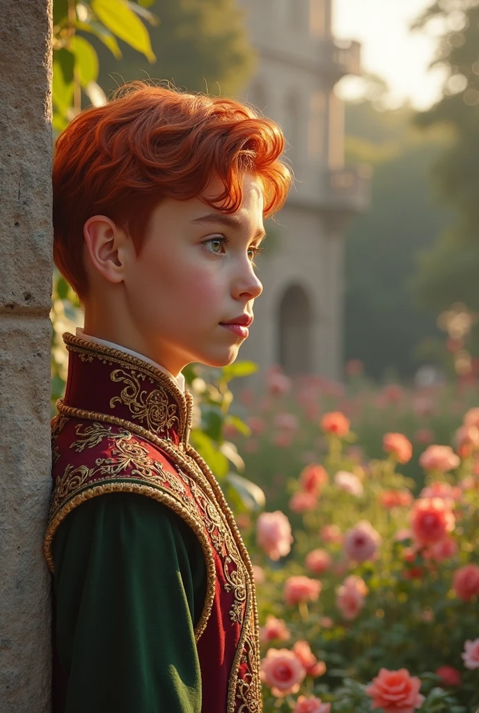 A boy, red hair and eyes, age 10, medieval clothing, in several processions.