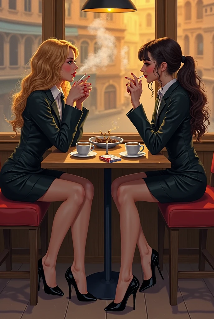 Brazilian, Two girls, muscular legs, muscular calves, Strong legs, muscular hips, wide thighs, Curvy hips, A full body shot, high-heeled sandals, tights in a net, Stiletto heels, Women's business suit with short shorts, large ring earrings, He really wants to pee, at the festive table, sitting, Coming soon, wants to pee, desperately wants to pee, wants to urinate, An expression of shame on his face, confusion, Desperation on the face, crying, pinches the crotch with his hand, crumples the hem of the skirt with his hands, Knees clenched together, Tense posture, bites his lower lip, full bladder, terribly wants to go to the toilet, anatomically correct, Realistic,