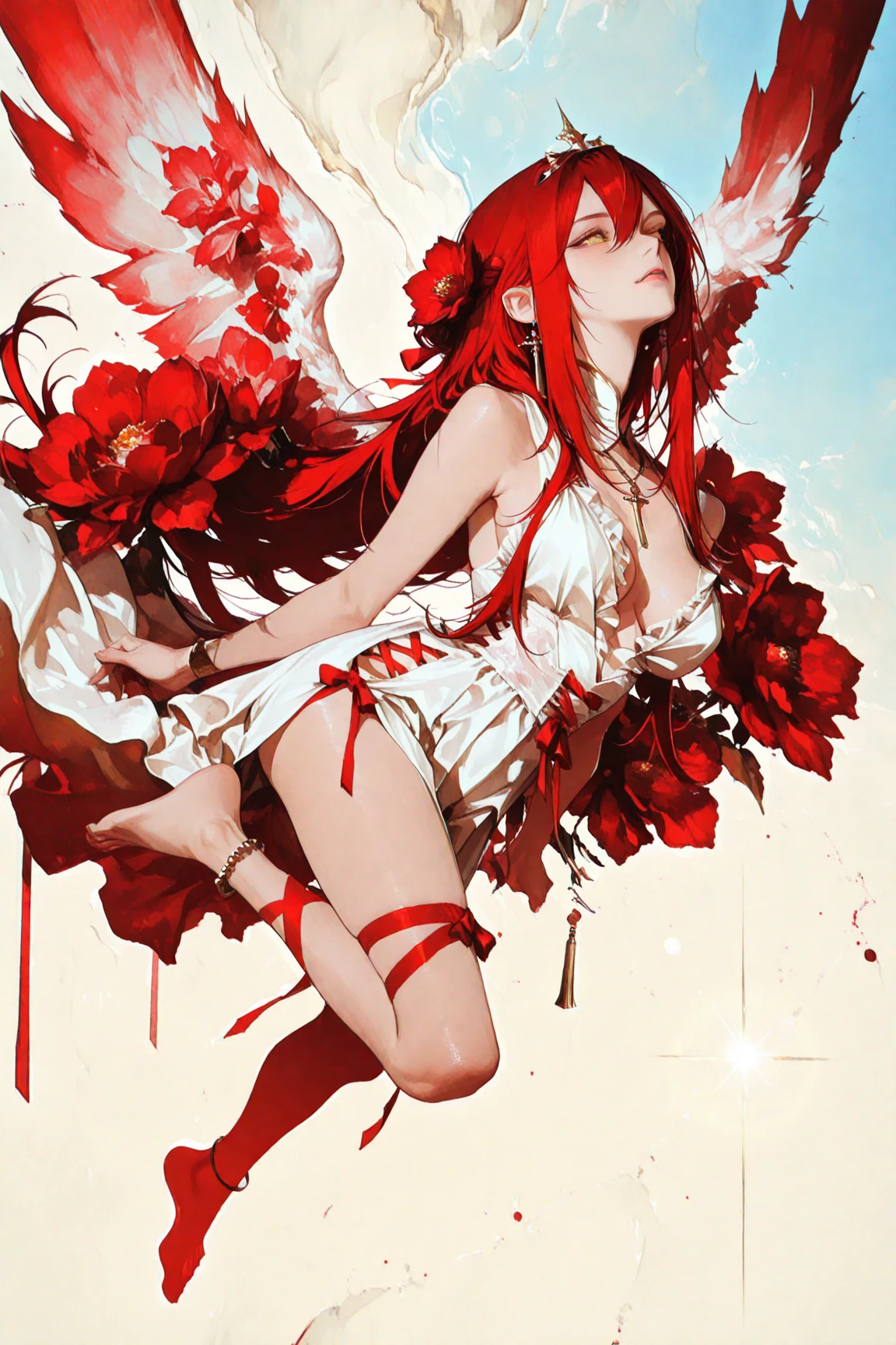 masterpiece, best quality, 8K, high detail, wallpaper, illustration, best lighting, beautiful face, detailed face, girl, smoke, amano yoshitaka, flying, (full body), <lora:amano_yoshitaka_offset:1>