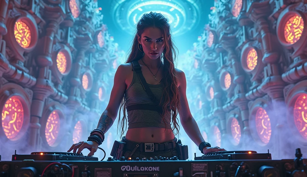 female wrapped in overgrown spikey throny vines djing on a pricly throny overgorown nature dj viynls mixer