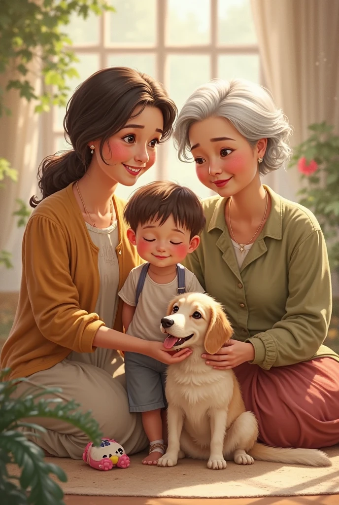 Create an image of a shitzu with brown spots with a grandmother with brown hair and a flowery outfit and a granddaughter with a Snoppy blouse and jeans wearing All Star