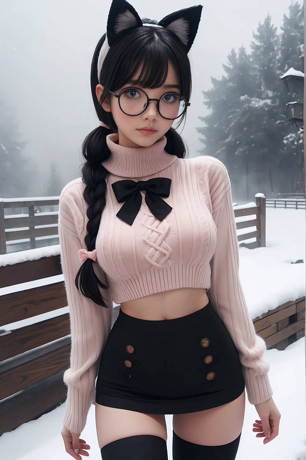 (Best Quality,High resolution:1.2), Ultra-detailed, Realistic portrait, hot Russian girl, pretty face, perfect long legs, full body, tiny waist. large breasts, standing, tight white cropped jumper, black high waist leggings, pink and white snow boots, in the snow, large blue eyes, long black hair tied up with a ribbon, pigtails, tight high waist mini skirt, woolen socks, hair bangs, snowing, foggy, (large round black rimmed glasses), cat ears, (large bow at the back of head, midriff)