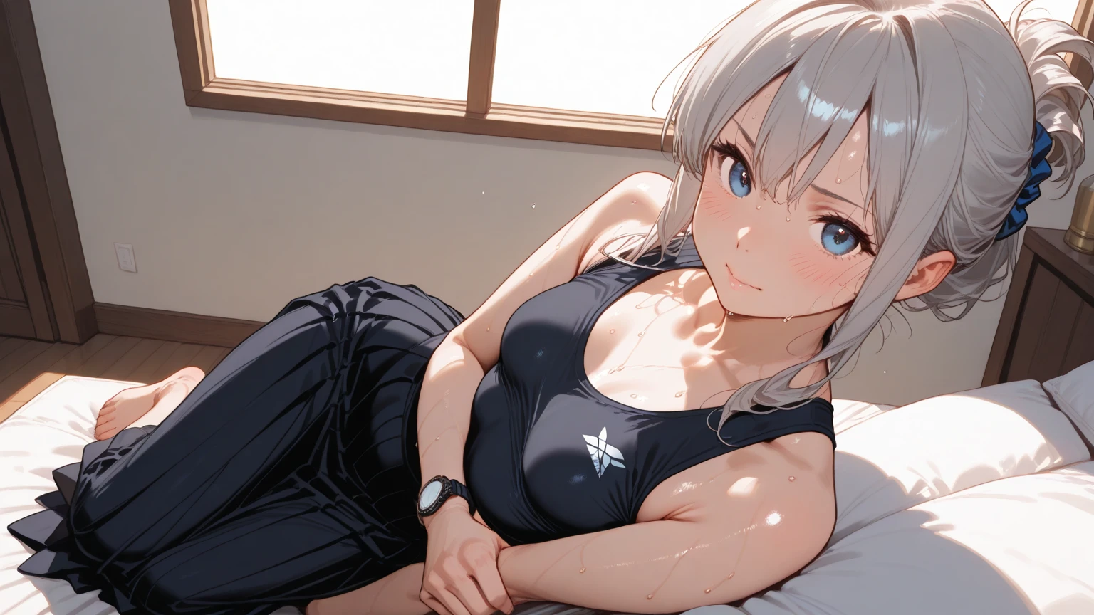 hiquality、top-quality、Full limbs、The ultra -The high-definition、complete fingers、Slender beauty、ssmile、white hair、poneyTail、Wearing a shiny white school swimsuit、shinny skin、large udder、Are sleeping、Bedrooms、Dramatic Writing