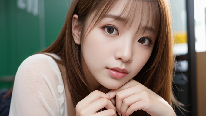 1 female, Face close-up, Big Breasts, Light brown hair, Blunt bangs, Hair behind the ear, Hair that falls over the shoulders, Long Hair, Slim figure, Ultra-fine face, Thin face, Delicate lips, Beautiful Eyes, A slight blush, eyes are light brown,See this, Ultra-fine needle, very thin fingers, The optimal ratio is four fingers to one thumb., (Realistic:1.3), virgin killer sweater、Snowy coniferous forest, First Person View, Fujifilm, Very cold, 8k, Tabletop, Hmph, Very detailed, high quality, 最high quality, High resolution,