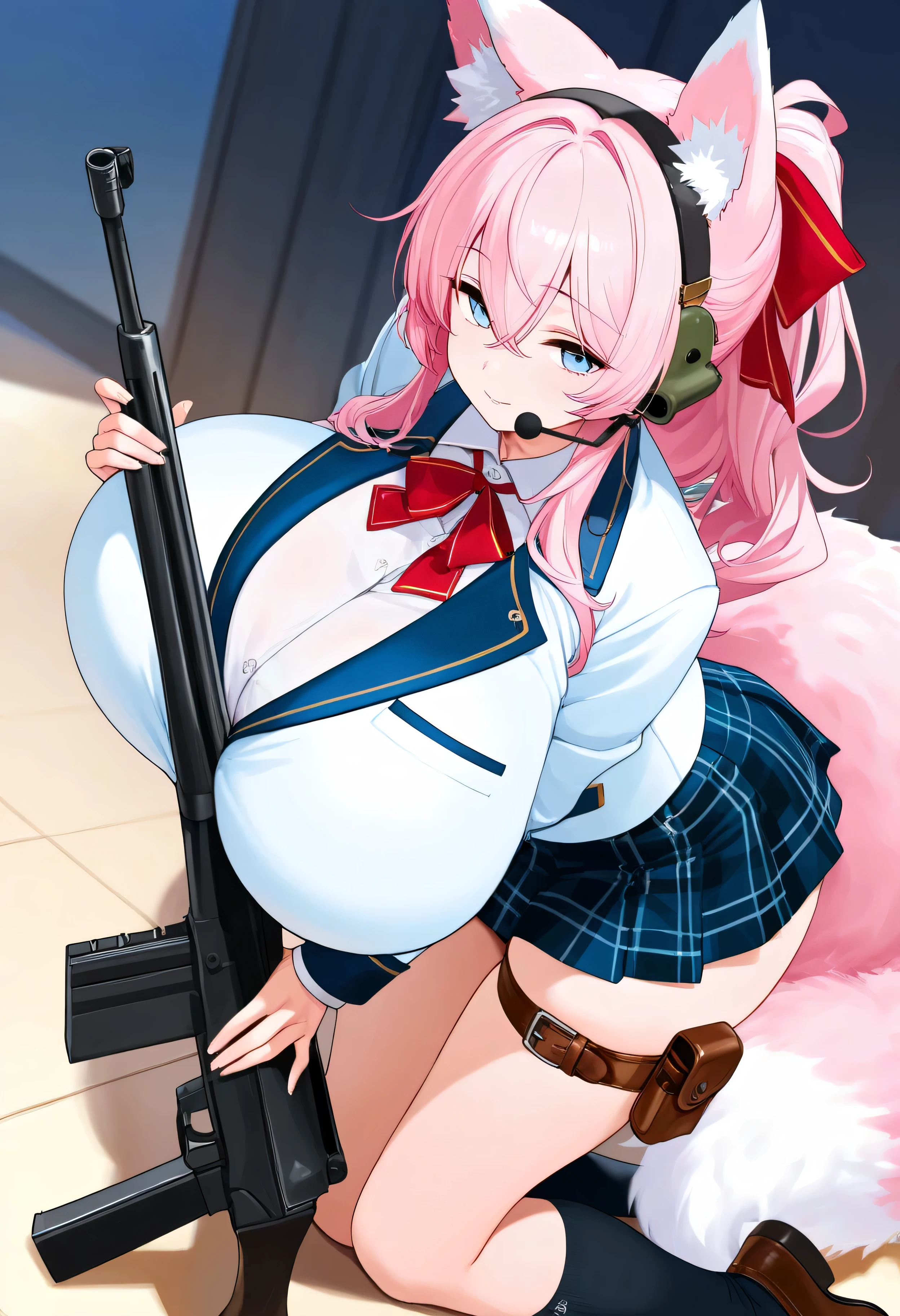 Huntress girl with huge rifle in snow fight pose,oriental,blade and soul,InkStyle,long red hair,Leather and fur coat,Tight mini skirt、Cold,The artwork,2D,4K,Detailed,Fantasia