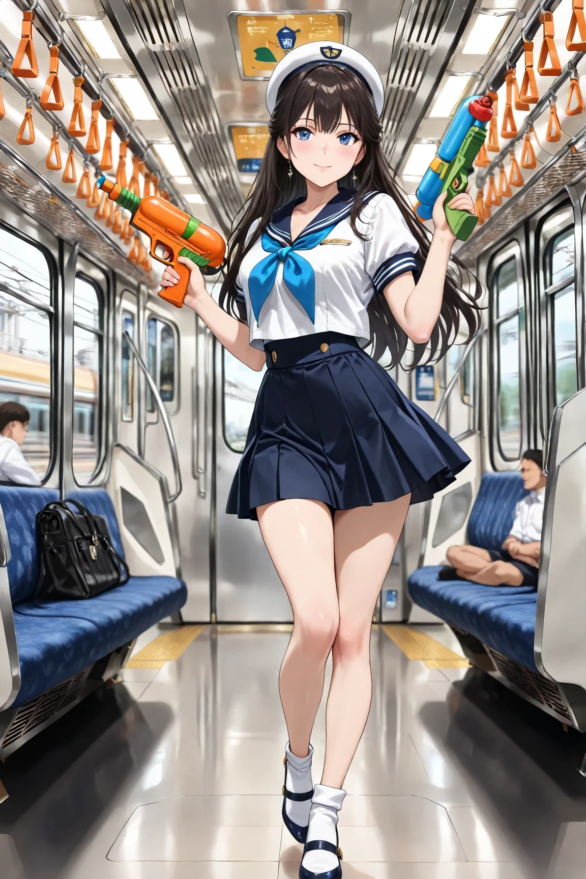 (masterpiece,best quality:1.4), (1 girl,1 man:1.4),((High Detail)), cyrine shadow, anime style, (dancing:0.5) ,
long hair,high school girl in sailor suit,school sailor,
high output electric water gun toy,Tall middle-aged male station attendant catches girl, Tram, e235, train interior,
shallow depth of field, blurred background, cinematic ambient glow,8k, masterpiece