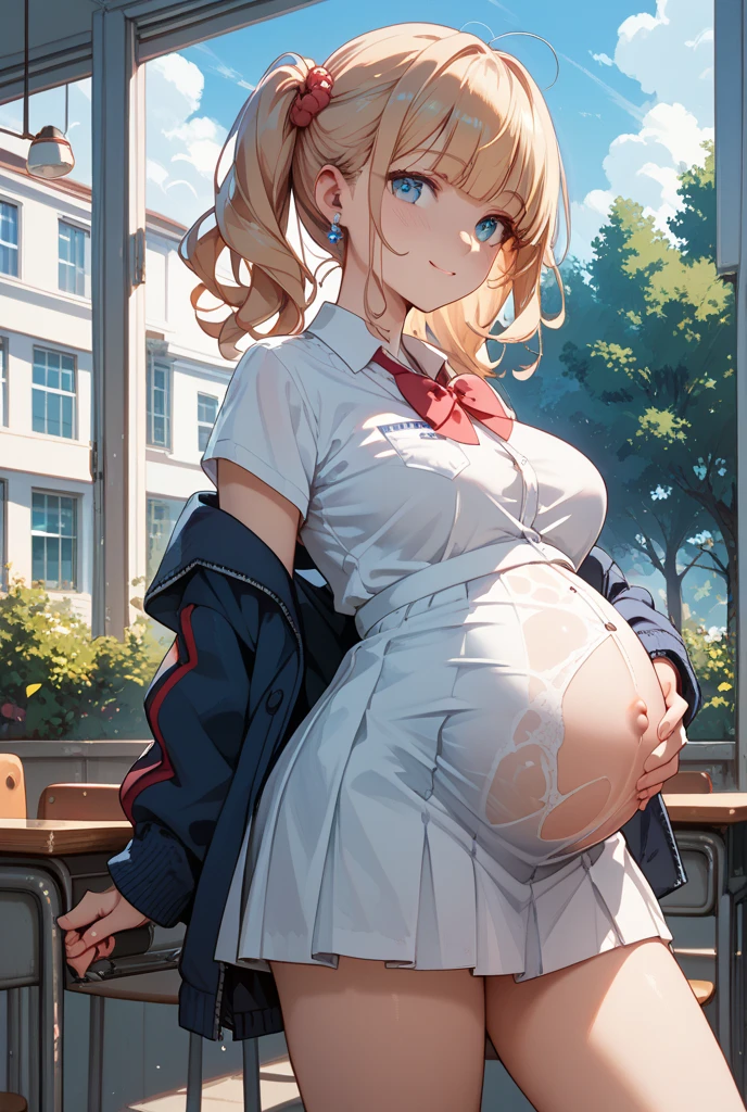 masterpiece, Best quality, High Definition, KR1, Blue eyes, Smile,Bangs, White shirt, Black skirt, Standing with finger prick, Pleated skirt, Socks, Small tits, Blonde, Cowboy shot, pregnant