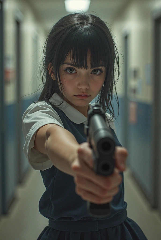 Teenage girl in a school, brown wavy hair, scar on eye, serious expression, wearing school uniform, tie, slightly torn clothes, bored expression, holding two pistols, aiming forward, front view, dramatic lighting, detailed, UHD, (camera style) Death Observation)