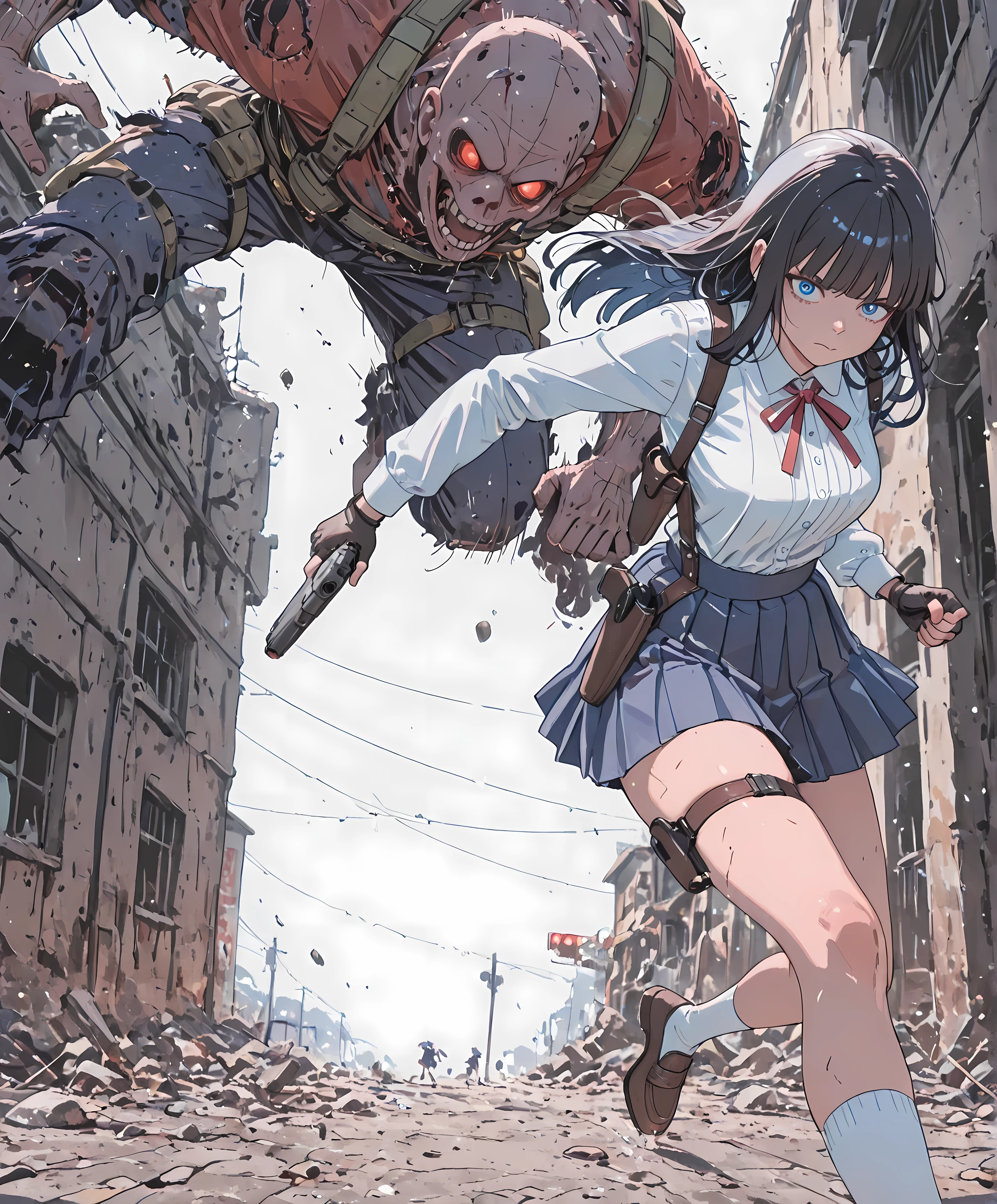 Last Stand Sprint: Bullet's Edge,Active angles.Thigh holster.Low angle. From below.,egmid,Woman running away、
Anime comic style illustration, zombie survival, action, "Armed JK" theme.Reddish zombie
Anime, Holding gun.Student uniforms. Pleated skirt. White socks.White long-sleeved blouse,black long hair,blue eyes,
A high school girl, armed but out of ammo, is in a desperate flight from relentless zombies. Her **light combat gear** is slightly dirty, her **holster** empty or containing a useless sidearm. Her face is a mix of frustration and exhaustion, as she pushes her already **breathless** body to escape the horde. Zombies are visibly closing in behind her, their grotesque forms adding to the urgency. The scene focuses on her struggle, not her triumph.
A dynamic, slightly low-angle tracking shot, following her as she sprints through a decaying urban landscape. This perspective emphasizes her frantic pace and the looming threat directly behind her. The shot captures her from the waist up, focusing on her strained expression and the effort in her run.
**Lighting:** Gritty, dim, and desaturated lighting, typical of a post-apocalyptic setting. Harsh shadows and flickering light sources (e.g., distant fires, broken streetlights) create an oppressive atmosphere.
**Background:** A ruined urban environment, with overturned cars, debris-strewn streets, and broken buildings. The zombies are a looming, blurred presence in the immediate background, their hands reaching out. Motion lines emphasize her speed.