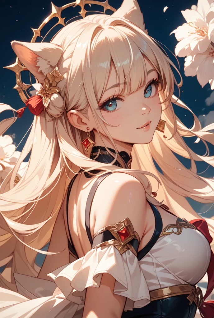 yor briar, anime style beutiful woman, 1girl, happy, smile, with sparkling eyes and a contagious smile:1.1),looking at viewer,red face, closed mouth, beautiful detailed eyes, super detailed skin, backlighting, bare shoulders, black background, black dress, black gloves, black hair, breasts, dress, earrings, fingerless gloves, floating hair, floral print, flower, gloves, gold earrings, gold hairband, hair flower, hair ornament, hairband, holding, holding weapon, jewelry, large breasts, long hair, looking at viewer, off-shoulder dress, off shoulder,red eyes, short hair with long locks, sidelocks, solo, spikes, thighs, two-sided dress, two-sided fabric, weapon, fighting stance , face, close up, from above, highest quality, high resolution.
