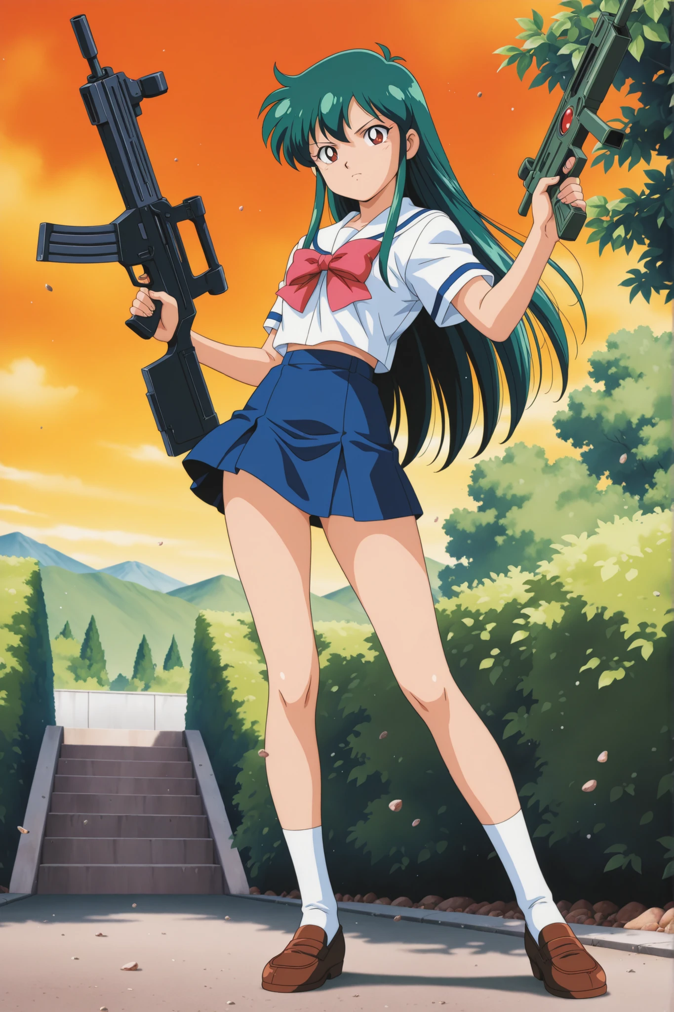 Time Gal with long green hair, wearing a Japanese school girl outfit, wielding a laser rifle, outdoors, in full view in a highly detailed anime style