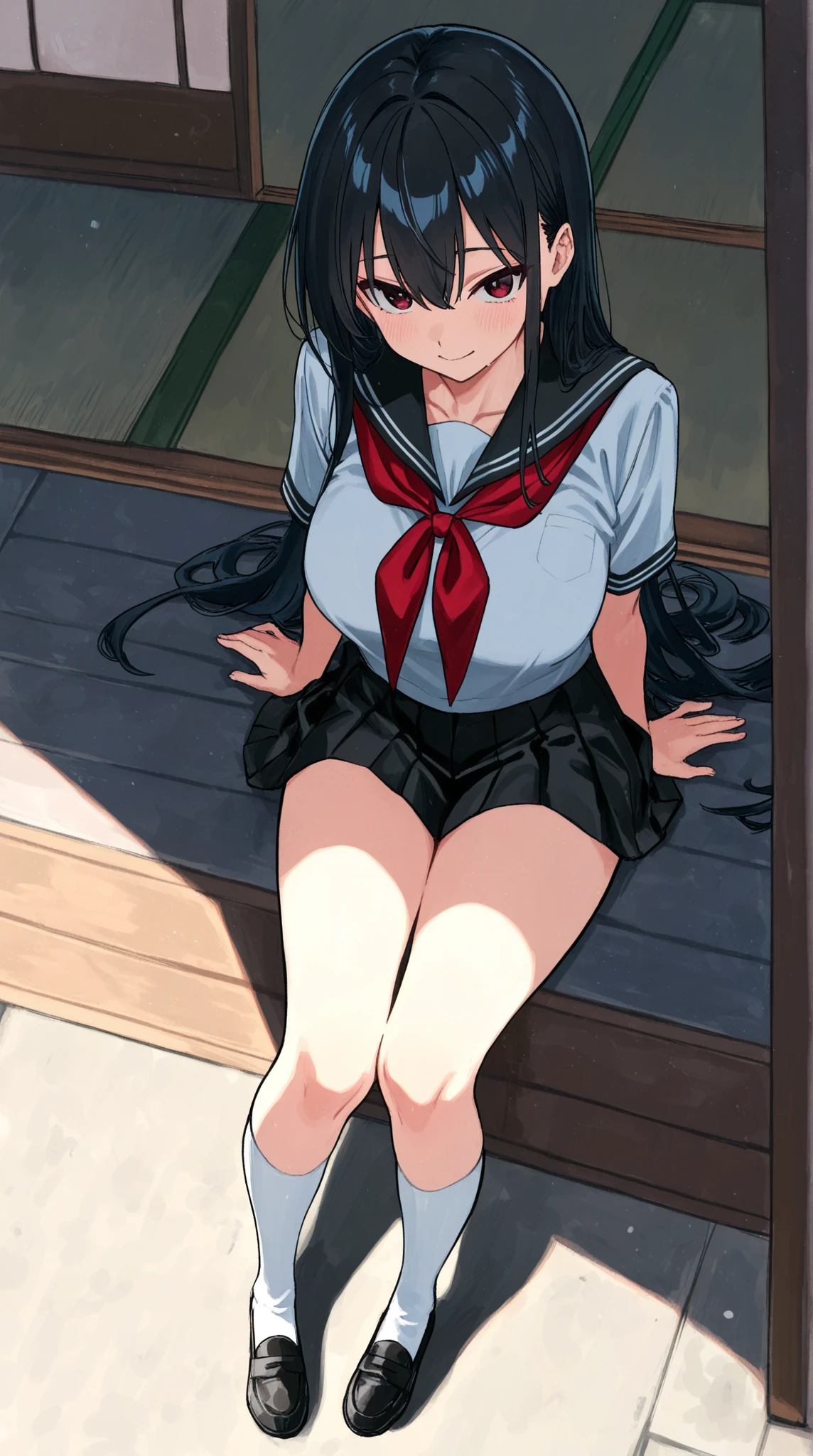 artwork, high quality, great detail, a komi woman Shouko, long black hair, glare, sitting on a bed, head on, medium breasts, blue , White shirt, Red skirt, without stockings, barefoot, barefoot, soles of feet releasing steam, legs apart, serious look, holding black socks with hands, white room background