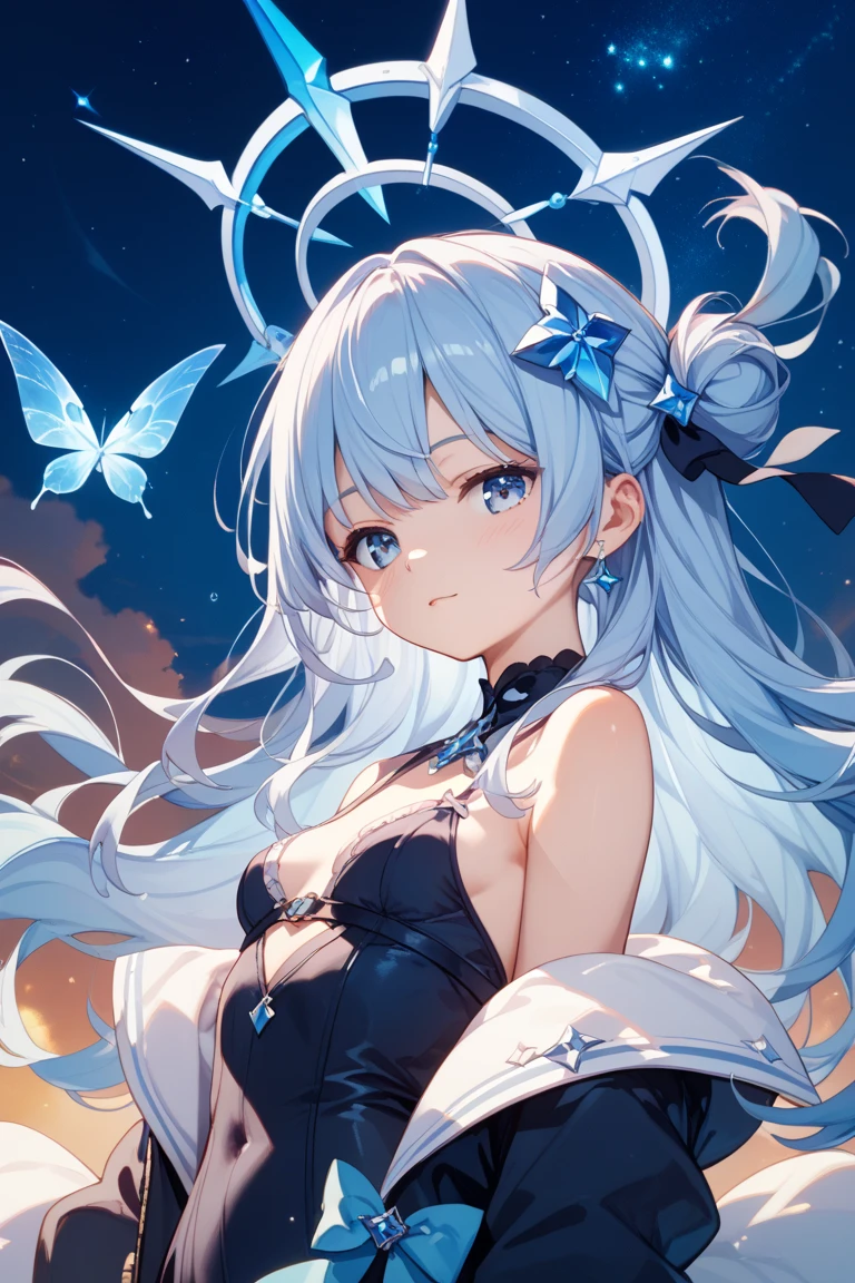 (masutepiece:1.3), (8K, Photorealistic, Raw photo, Best Quality: 1.4), Beautiful face, (Realistic face), Beautiful detailed eyes, (Realistic skin), Attractive, Intricate details,Golden ratio,  1 girl,Naughty smile, (rainbow hair:1.4),((Long twintails,Ribbon 1.4)),Gothic ta Fashion,(Blue butterfly hair ornament),off shoulders,cleavage,Dynamic Pose,Dynamic Angle,Intricate details, Hyper realistic, Perfect Anatomy、only face、A smile、Smiling、Face enhancement、Golden light、rainbows、Heaven、angelicales、Deities、Luz Divina(masutepiece:1.3), (8K, Photorealistic, Raw photo, Best Quality: 1.4), Beautiful face, (Realistic face), Beautiful detailed eyes, (Realistic skin), Attractive, Intricate details,Golden ratio, 1 girl,Naughty smile, (rainbow hair:1.4),((Long twintails,Ribbon 1.4)),（looking-down),Dynamic Angle,ultra-detailliert, illustratio, gros-plan, Straight, One girl, (Fantasia:1.4), (azure eyes:1.233),Her eyes shone like dreamy stars,(radiant eyes:1.233) ,(beautiful and delicate eyes:1.1),((+(Bullhair flower:1.14)),(Chiffon dress,Blue floral pattern on uniform)/=(military outfits:1.24),(no sleeves,Wide sleeves),(Fingerless gloves),a choker,(Miko is not),high-heels,(deadpan,Mouth closure),(Standing), (classical Princess boudoir with dressing tableand french windowin a white ancient palaces),(white blossoms、florals),(abyssal),(flowingwater),(a dull blue world tree:1.14),(Ruins),(natta:1.2 ),Dreamy,Seoul,(fluorescent),(Translucent blue butterfly flight:1.15),[[Delicate fingers and hands:0.55]::0.85],(Fine fingers),(yubao:0.5)