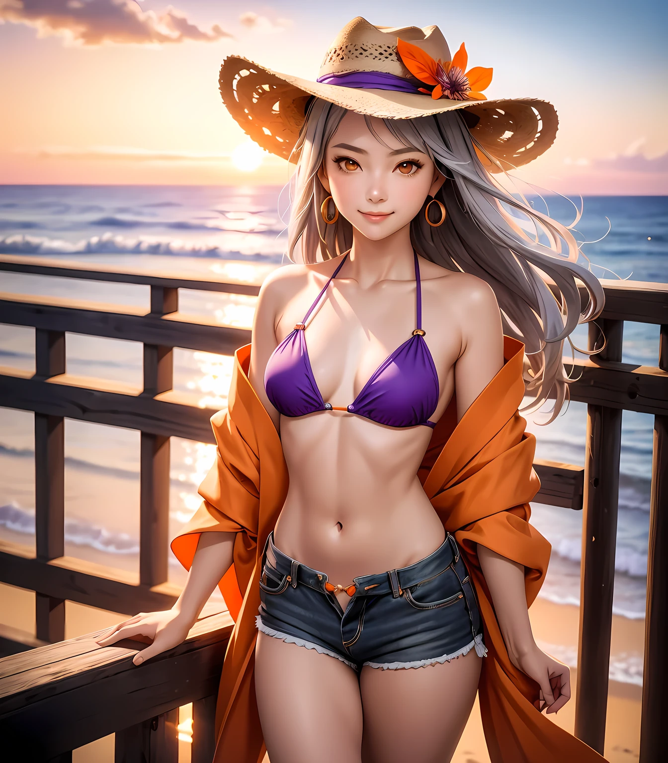 1girl, arm strap, arm up, bare shoulders, beach, bikini tan, bikini under clothes, breasts, cloud, colored tips, cowboy shot, cutoffs, gradient hair, halterneck, highleg, highleg bikini, large breasts, looking at viewer, medium breasts,  midriff, nail polish, navel, ocean, open mouth, outdoors, sky, smile, solo, standing, stomach, red string bikini, swimsuit, tan, tanlines, thighs, underboob, wet, <lora:Ashe:.6>, ashe (overwatch), white hair, red bikini, mature female, red eyes, long hair, straw hat, orange sarong