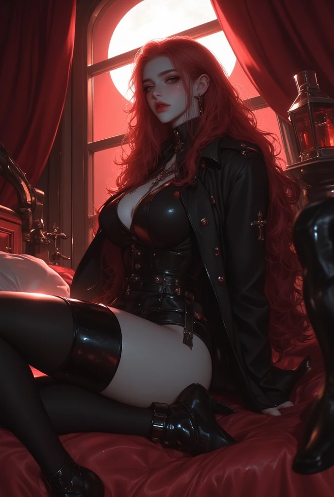 Dynamic Snapshot, ((3 women, red hair, black hair)), A picture of 2 beautiful succubus dominating 1 sexual an angel girl on a leash, ((2 demon females and a angel girl)), female dominance, unprotected, a angel, demons, beautiful succubi, horror, dark, sexual, rough dominance, dominance, a angel girl on a leash, bdsm, Gold Chains,(massive accentuated super huge enormously gigantic breasts), collar, Beautiful bodies, slim, horror style, Very Detailed Faces, Stockings, (leather corset, mini thong, silk lingerie, Stockings), leather leather thigh high boots, Sharp camera angle , Close-up, Gothic horror background