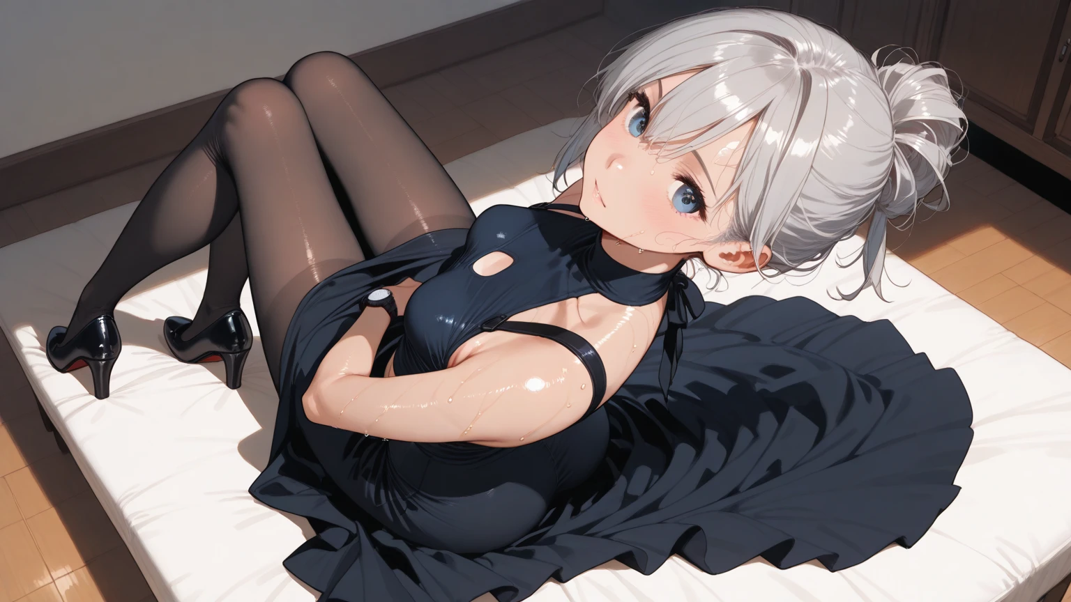 A short lolita with white silk and white hair is sitting，A look of disgust and hatred. She wears bright beautiful body. Her white and tender skin is faintly visible under the clothes. Her body proportions are perfect. She has a lovely curvy figure. She has short hair. She is petite. Her clothes are more revealing. She has small breasts，The whole body was photographed. she has blue eyes. 
