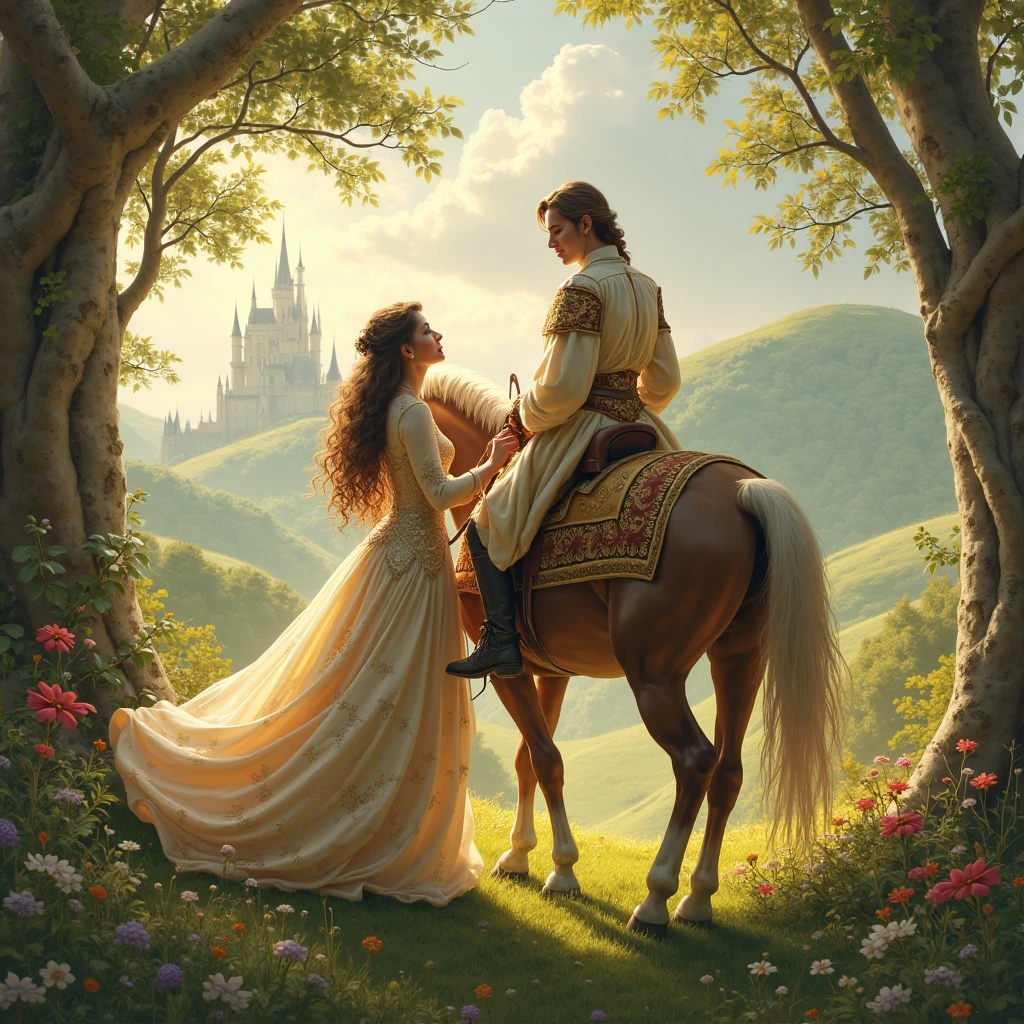 King and queen sitting on a horse with seeing  each other in love on horse jump aat two back legs from a far kingdom 