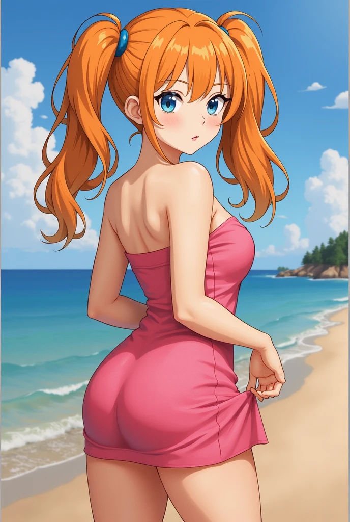 1 moca , nami onepiece de uma peça, tatuagem nami original, hdr, 8k, sorrizo sensual, kimono, de costa olhando para os espectadores, segurando os cabelos longos e laranjados, olhos castanhos, bunda, ass, corpo inteiro.