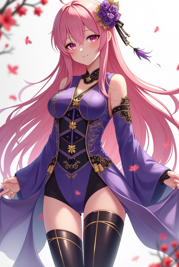 tmasterpiece, Best quality at best, 1girll, Sakura Haruno, Large breasts,Off-the-shoulder attire,(cleavage),(upperbody closeup),Raised sexy,is shy,ssmile,with pink hair, long whitr hair, (Green eyeballs:1.4), Forehead protection, the cherry trees,Cherry blossoms flying,Red clothes,Zipper half