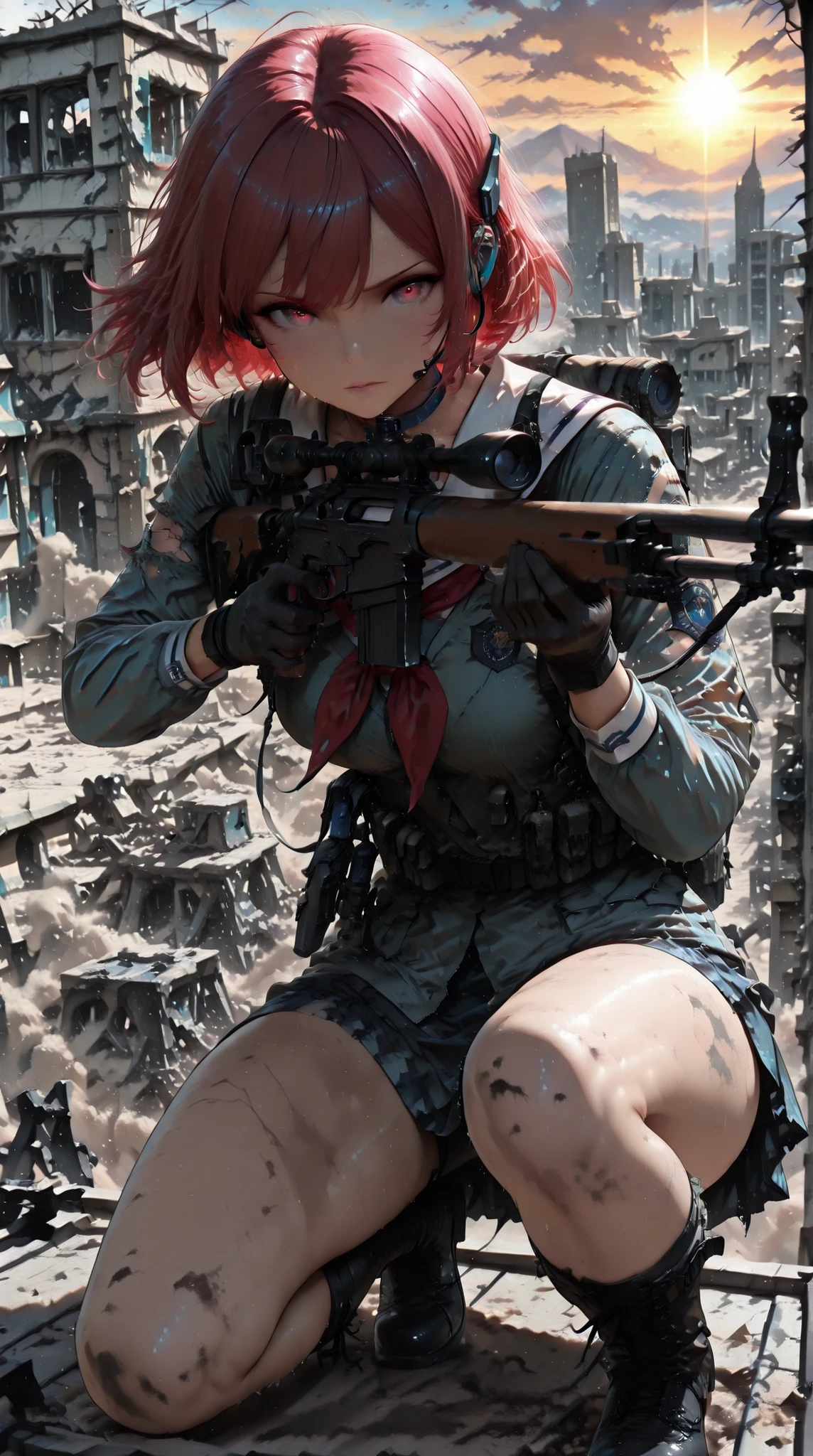 cinematic, (masterpiece), (best quality), (ultra-detailed), very aesthetic, illustration, realistic illustration, perfect composition, intricate details, absurdres, (anime, masterpiece, intricate:1.3), (best quality, hires textures, high detail:1.2), (4k),(incredibly detailed:1.4),realistic shadow, ( 1girl,school girl,wealing a school uniform,school uniform, white sailor with blue collar,red ribbon tie),Create a full-body image of a female sniper ,(in a Rooftop:1.3), positioned on top of a war-damaged building in The Middle East , focused and aiming a large .50 caliber sniper rifle.  The background features a desolate, war-torn landscape with crumbling buildings, dust in the air, and distant mountains. The sniper is wearing military boots, gloves, and tactical accessories like a headset and a scope for precision shooting. 
standing on one knee,shooting position,If going for more military look, short hair,swap headset with earpiece, add shades. Shoes look more hiking than tactical. Her posture exudes strength and concentration, as the sun sets behind, casting a dramatic glow over the scene.  they wear and get her  with sweat & dust to make her look like she just got out of a firefight. There should be a sense of tension and realism, with an emphasis on her professional, tactical skills and the harsh, dangerous environment. The lighting is dynamic, highlighting her figure and the rifle, with shadows adding depth to the ruined building.highly transparen hair,sunset ,Glowing Contours,vorious lighting
