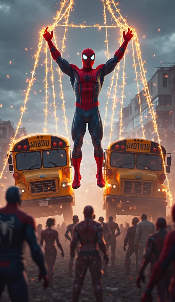 Bus orange rempli de pleins de Spider-Man et de Hulk qui font du basket