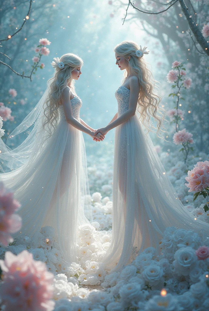 (best quality,ultra-detailed),(realistic:1.37),(HDR,UHD),soft lighting,romantic atmosphere,beautiful detailed hair,emotional expressions,gentle touch,delicate lace veil,vibrant colors,endless love,subtle makeup,sunlit garden,flower petals falling,loving gaze,happy tears,fingers intertwined,magic in the air,tender kiss,intimate moment,sunshine streaming through trees,whispered promises,transcendent beauty,joyful celebration,natural and candid,happy forever,forever cherished memories,eternal union,blissful serenity