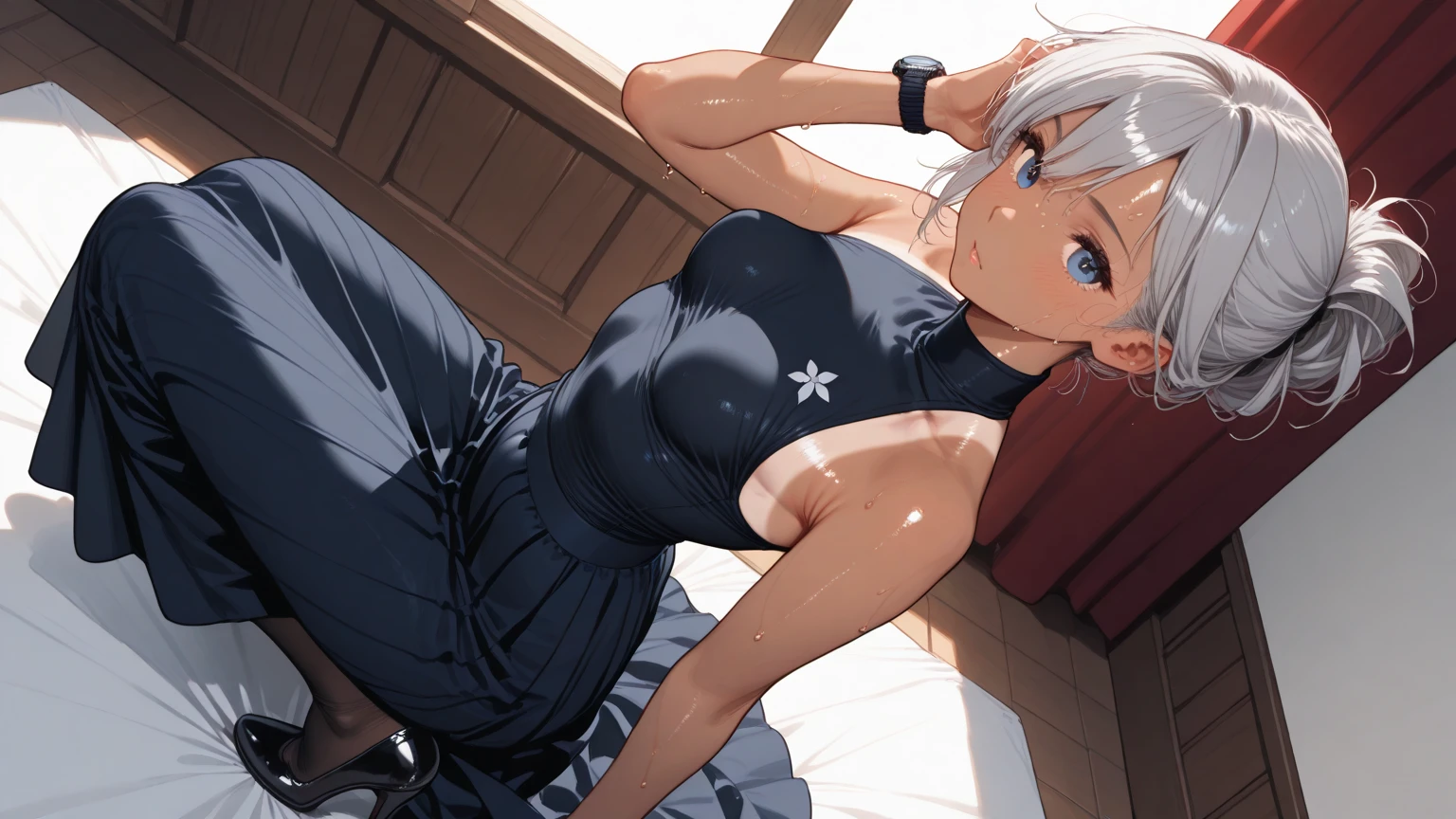 Youmu,flat chest,Navy one-piece school swimsuit,