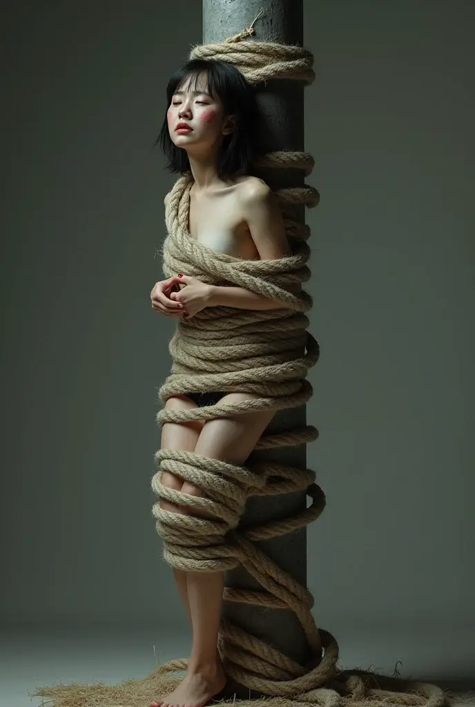 ((top quality、Draw details),(stand:1.5),(Completely naked:1.4),(strangle、general weaknesses:1.5),(A noose around the neck:1.5)(Lanyard、Hands and arms are tied with rope:1.5),(A rope hung from the ceiling:1.6)(Completely naked:1.8 ),(long black hair:1.2)、(on the table, best quality:1.2), 8K, old student, 85 mm, official art, original photo, absurd、pretty face, (Closeup of beautiful small breasts), Upper body, , gardenia, (Skinny and slender beautiful girl:1.4),(Closeup of beautiful small breasts), (Small thin and long thighs 1.2),(small ass) , looking at the audience, No makeup, (Smile:0.4), film grain, Color difference, sharp focus, face lamp, (A very very dark space:1.2),(Close up of grey wall in dark space 1.1),(No Light 1.1) 、 detailed face, bokeh background,1 女孩exist , 12(Completely naked:1.4), , eyes are brown, on the table, best quality, detailed, exist, (drool overflows from a wide open mgo outh:1.4) (red cheeks:0.4), (embarrassed face:1.4)、(Facing painful torture:1.4), (The face of giving up:1.2),
a junior high school student, Limited to 15 people, , go out, (thin and long:1),(Drooling from the mgo outh:1.4)
Japanese, small breasts, vulgar,