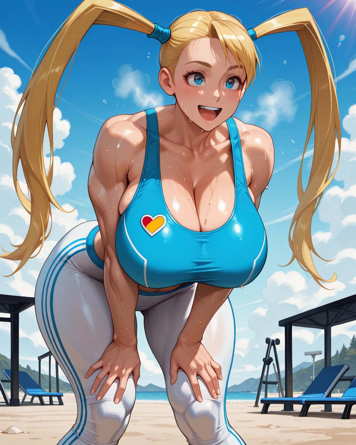 masterpiece, (photorealistic:1.4), 1girl, solo, (gigantic breasts:1. 5), (huge cleavage:1.5), heavy blush, (tank top, short shorts:1. 3), smile, blonde twintails, long twintails, large hoop earrings