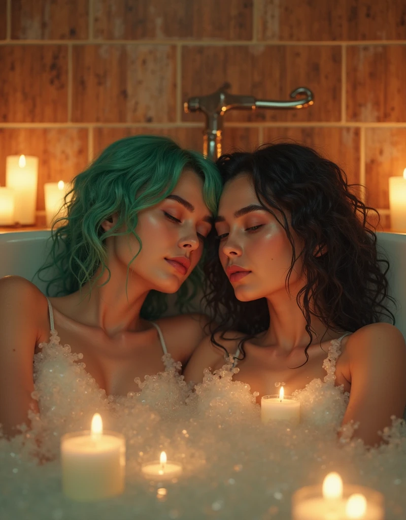 a beautiful detailed birracial woman (blue hair) and a beautiful detailed white woman (dark hair) taking a relaxing bath together, soap suds and foam, hyper realistic, warm soft lighting, serene and peaceful atmosphere, photorealistic, 8k, high quality, masterpiece