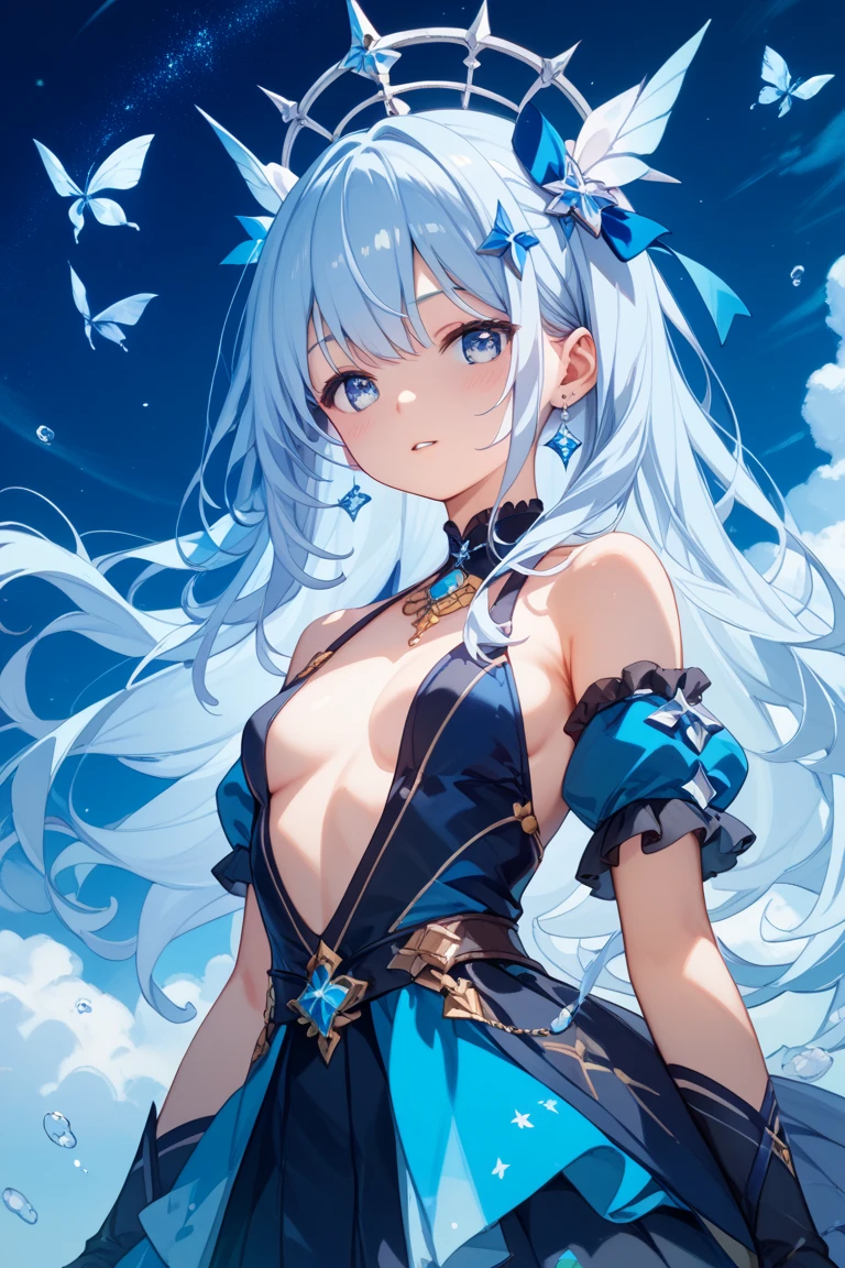 8K分辨率,Refined features,s the perfect face,Glowing skin,high detal,blue skirts,long white hair,blue color eyes,Flying blue butterflies,Raised sexy,plumw,Upright_straddle,sunraise,Eau,the sideview