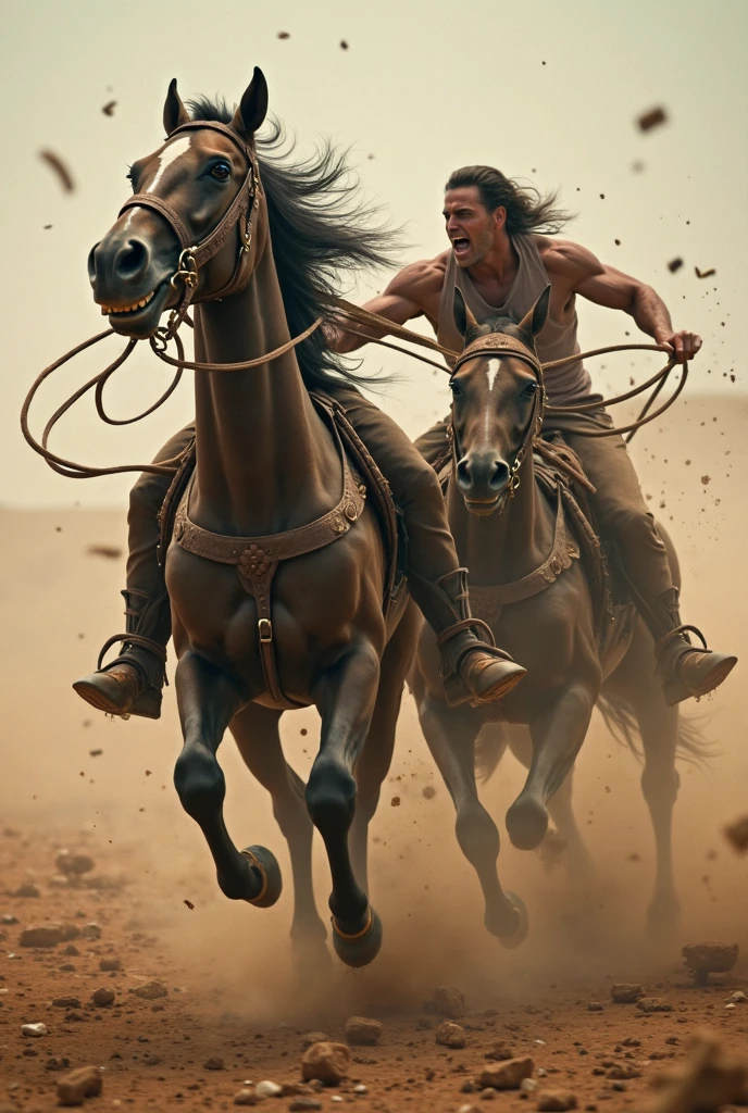 Man fighting a horse that didn't respect him, bald man with a haggard face, weak and weird man, ugly bald anorexic man
