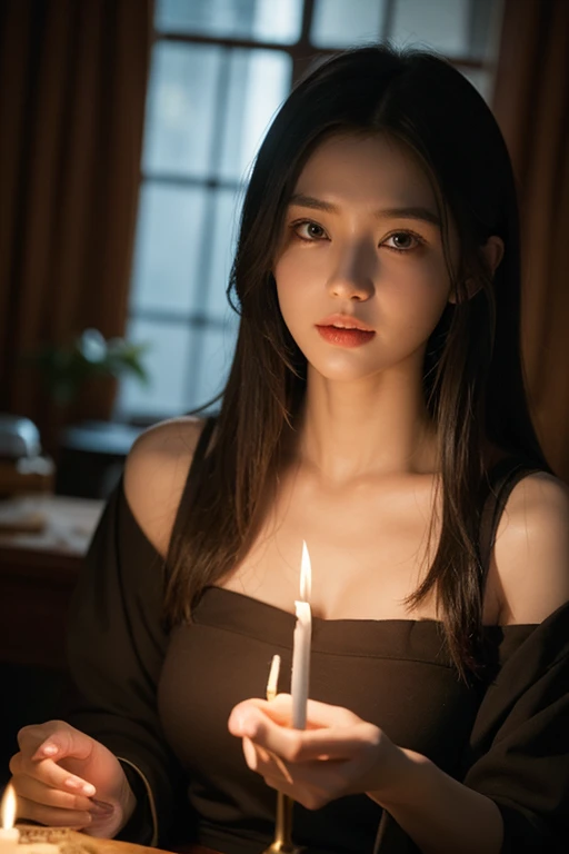 Photo of a realistic girl with long, flowing light hair, radiantly dressed in a beautiful sexy black dress featuring an elegant neckline and open shoulders. The background is beautifully lit with candles, creating a warm and inviting atmosphere. enhancing the detail and visual impact of this masterpiece.beauty face, detailed face