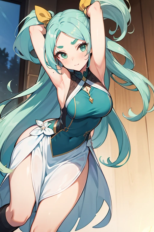 1girl, kochiya sanae, touhou //// masterpiece, best quality, very aesthetic, absurdres, newest, rating:nsfw ///// by nyantcha, cutesexyrobutts,by khyle ///// ///// green hair, green hair, hair ornament, shrine, he wears a snake-shaped hair accessory wrapped around her hair on one side, and a blue headband with a frog's head on it, she wears a blue and white outfit similar to a shrine maiden's, with the blue areas covered in light blue polka dots and stripes