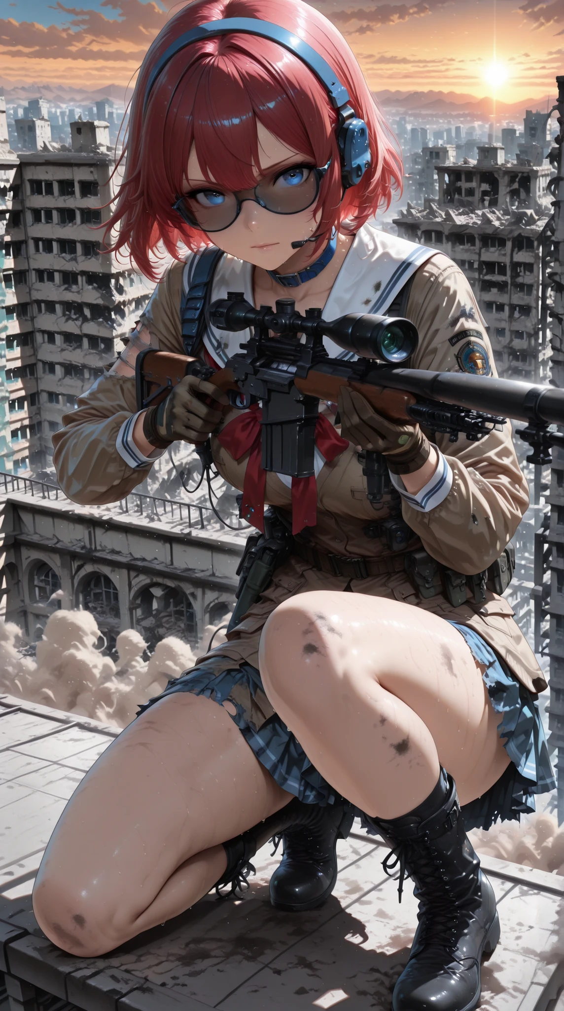 cinematic, (masterpiece), (best quality), (ultra-detailed), very aesthetic, illustration, realistic illustration, perfect composition, intricate details, absurdres, (anime, masterpiece, intricate:1.3), (best quality, hires textures, high detail:1.2), (4k),(incredibly detailed:1.4),realistic shadow, ( 1girl,school girl,wealing a school uniform,school uniform, white sailor with blue collar,red ribbon tie),Create a full-body image of a female sniper ,(in a Rooftop:1.3), positioned on top of a war-damaged building in The Middle East , focused and aiming a large .50 caliber sniper rifle.  The background features a desolate, war-torn landscape with crumbling buildings, dust in the air, and distant mountains. The sniper is wearing military boots, gloves, and tactical accessories like a headset and a scope for precision shooting. 
standing on one knee,shooting position,If going for more military look, short hair,swap headset with earpiece, add shades. Shoes look more hiking than tactical. Her posture exudes strength and concentration, as the sun sets behind, casting a dramatic glow over the scene.  they wear and get her  with sweat & dust to make her look like she just got out of a firefight. There should be a sense of tension and realism, with an emphasis on her professional, tactical skills and the harsh, dangerous environment. The lighting is dynamic, highlighting her figure and the rifle, with shadows adding depth to the ruined building.highly transparen hair,sunset ,Glowing Contours,vorious lighting