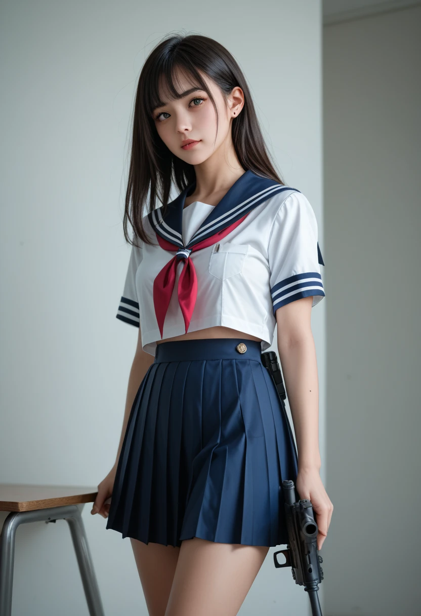 (Best Quality, 8K, 32 k, masutepiece, NFFSW (english):1.2), (Raw foto), (realisitic), (Photorealistic:1.2), (high resolucion), Ultra-detailed, extremely beautiful face & eyes, 1girll, (Lori, 14 year old:1.2), young female, round small face, thin-waist,  huge, slim proportions, (japanese sailor , sailor fuku, serafuku, japanese school sailor uniform, darkblue pleated skirt:1.27), (From below, white thong, groin:1.24), Rooftops of the City of Dawn,