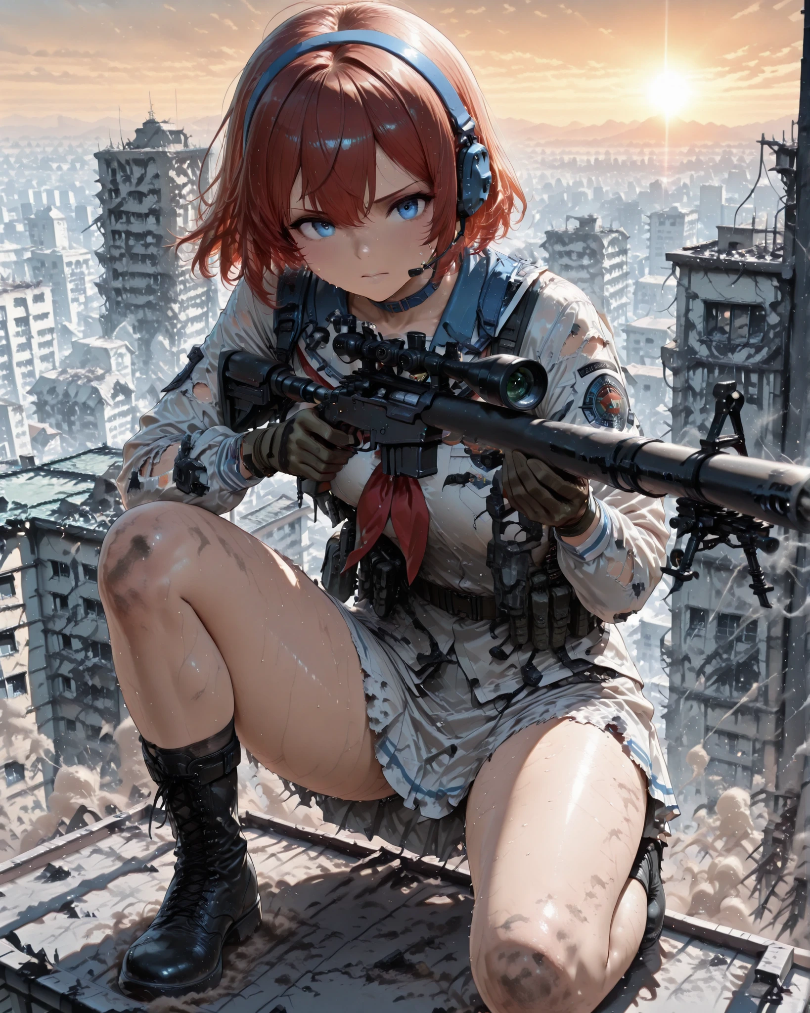 (1girl,school girl,wealing a school uniform,school uniform, white sailor with blue collar,red ribbon tie),Create a full-body image of a female sniper ,(in a Rooftop:1.3), positioned on top of a war-damaged building in The Middle East , focused and aiming a large .50 caliber sniper rifle. Rifle plus side piece plus a belt with extra clips. The background features a desolate, war-torn landscape with crumbling buildings, dust in the air, and distant mountains. The sniper is wearing military boots, gloves, and tactical accessories like a headset and a scope for precision shooting. 
standing on one knee,shooting position,If going for more military look, short hair,swap headset with earpiece, add shades. Shoes look more hiking than tactical. Her posture exudes strength and concentration, as the sun sets behind, casting a dramatic glow over the scene.  they wear and get her dirty with sweat & dust to make her look like she just got out of a firefight. There should be a sense of tension and realism, with an emphasis on her professional, tactical skills and the harsh, dangerous environment. The lighting is dynamic, highlighting her figure and the rifle, with shadows adding depth to the ruined building.highly transparen hair,sunset 