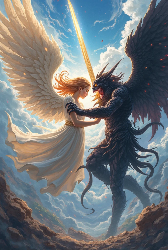 Create an angel and a demon fighting.
The angel wanting to protect a person and the demon wanting to attack him. Use blue and dark colors.
