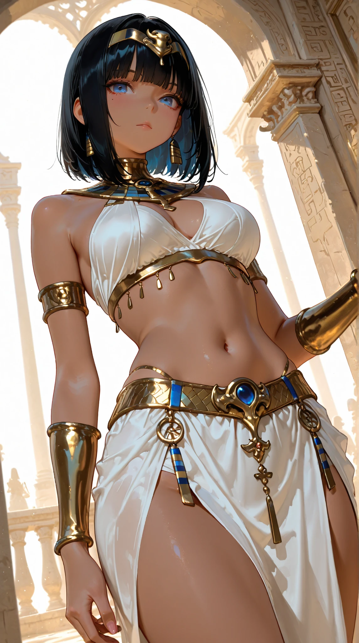 (Highest quality),(masterpiece), (Very detailed8K壁紙),Very detailed,Cinema Lighting, Detailed light, Best Shadow,Black Hair,another world,Detailed face, Detailed reflective eyes, Beautiful Eyes, Very detailedな目元,非常にDetailed face,Reflective Hair,sexy,Huge breasts,High exposure,charm,from the front,One person,Medium gloss,Brown Skin,Black Hair,Egyptian mythology,Dressed,With underwear,Thin clothing lines,compensate,Head below the knee,Hair gloss,