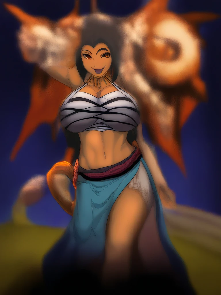 uploaded e621, score_9, score_8_up, score_7_up, score_6_up, score_5_up, score_4_up, rating_safe, smooth, source_furry, {realistic}, Minamoto No Raikou , seductive, DARK SKIN, countershading, huge breasts, thick armpit hair {{{ very very long silky thick dense redhead hair, thick armpit hair }}}, revealing panties skirt, mini top, cleavage, tall, brown lips, hazel eyes, wide hips, extra thicc
