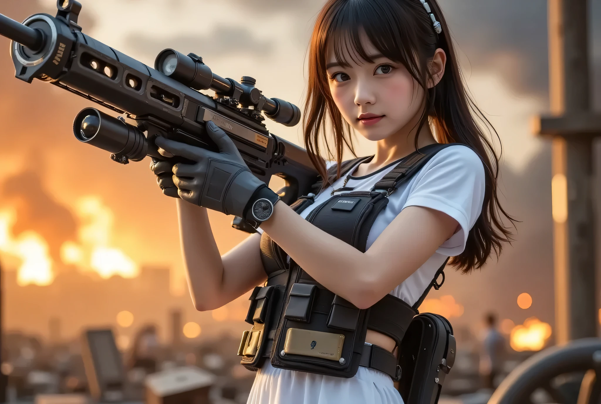 masterpiece,best quality, lens flare, depth of field, (from side), (wide shot, fisheye), facefocus, full body,
1girl, (solo), long hair, (sailor suit:1.3), pleated skirt,
mid breasts, midriff, thigh gap,
(holding weapon, assault rifle, aiming at viewer, finger on trigger, on firing, sparks coming out of the muzzle:1.3), (h&k hk416),
sunny, blue sky, cloudy sky, broken building, destruction building, street,
<lora:koreandolllikenessV20_v20:0.2>, <lora:goYoonJung_v10:0.3>, <lora:japaneseDollLikeness_v10:0.6>, <lora:cuteGirlMix4_v10:0.2>,
<lora:hKHK416Lora_v20:0.1>,