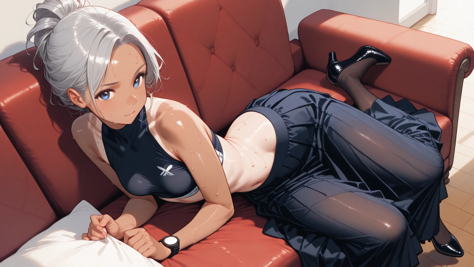 score_9, score_8_up, score_7_up, score_6_up, score_5_up, score_4_up, source_anime, BREAK, 1girl, toeless legwear, solo, sitting, crossed legs, looking at viewer, bare shoulders, indoors, leggings, stirrup legwear, sleeveless, head rest, smiling, space station, bedroom eyes, bedroom,